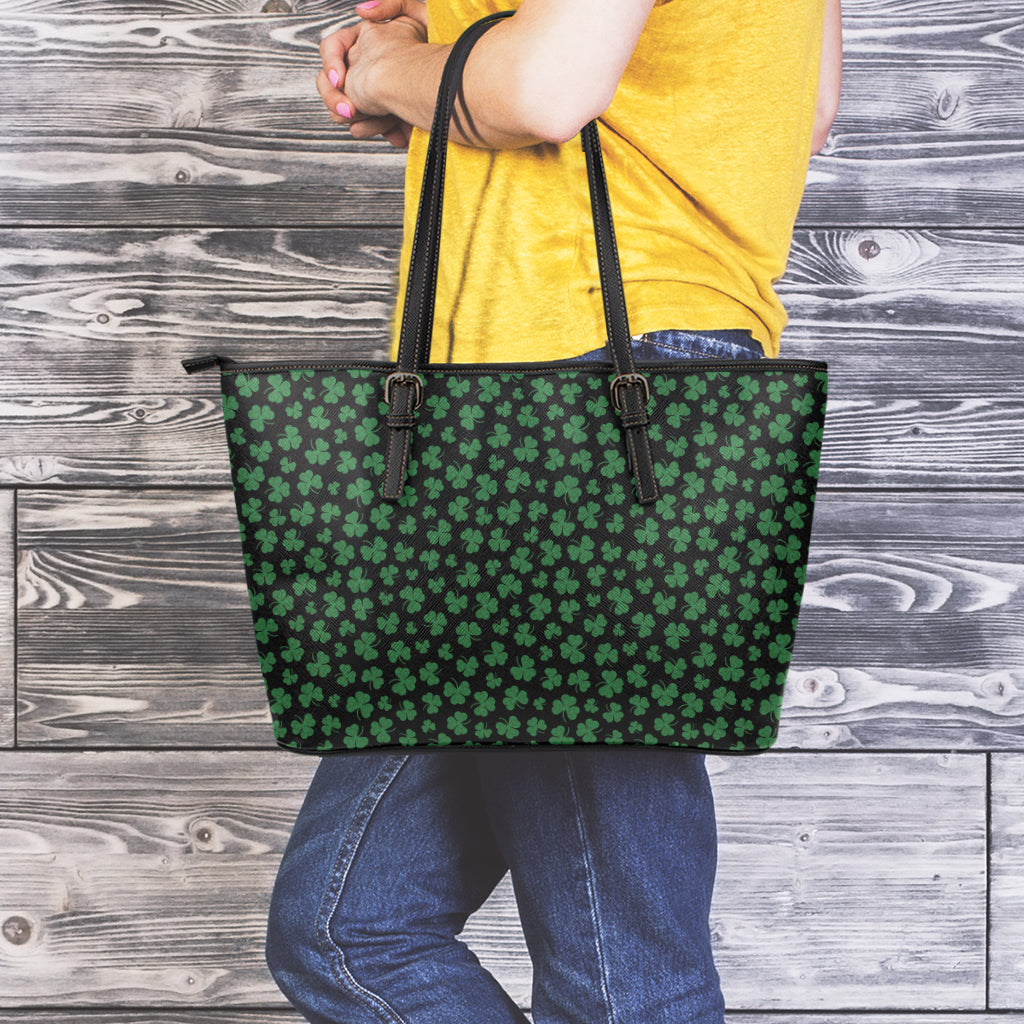 Black And Green Shamrock Pattern Print Leather Tote Bag