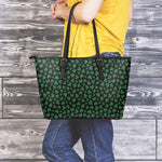 Black And Green Shamrock Pattern Print Leather Tote Bag