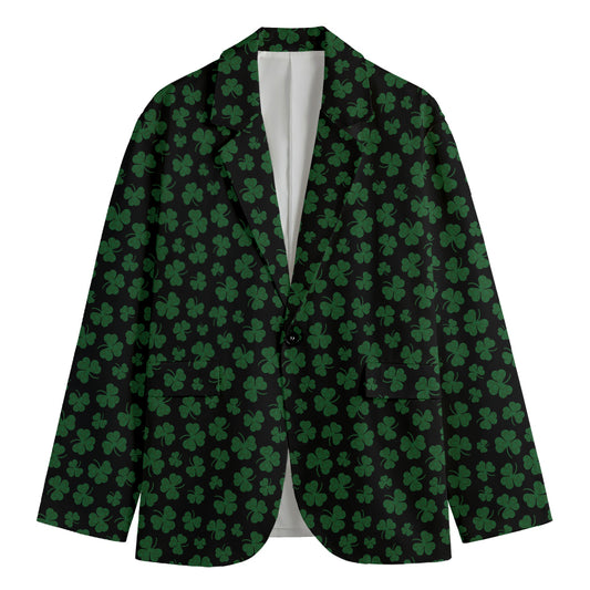 Black And Green Shamrock Pattern Print Men's Cotton Blazer