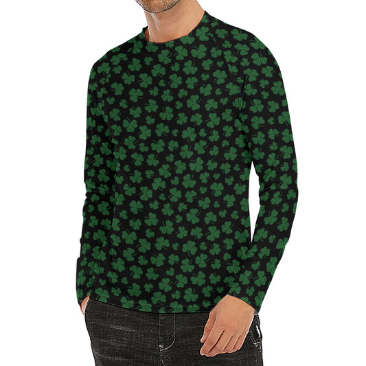 Black And Green Shamrock Pattern Print Men's Long Sleeve Rash Guard