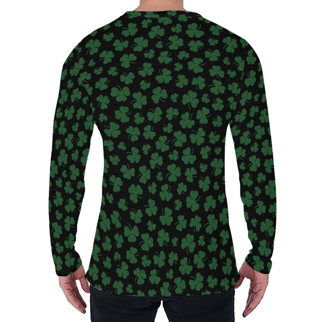 Black And Green Shamrock Pattern Print Men's Long Sleeve T-Shirt