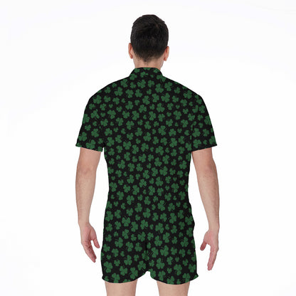 Black And Green Shamrock Pattern Print Men's Rompers