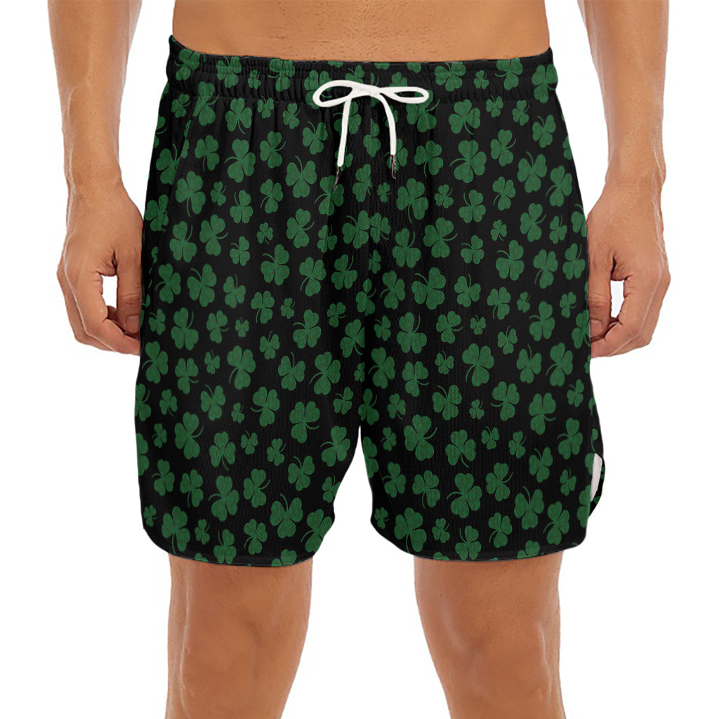 Black And Green Shamrock Pattern Print Men's Split Running Shorts
