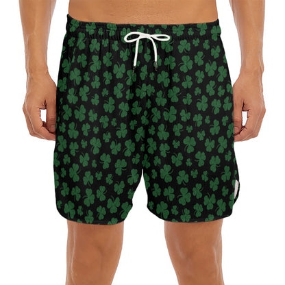 Black And Green Shamrock Pattern Print Men's Split Running Shorts