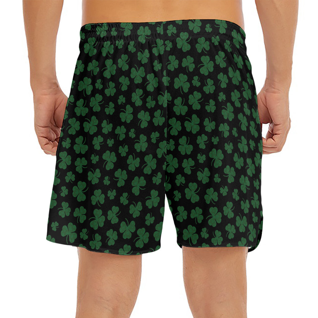 Black And Green Shamrock Pattern Print Men's Split Running Shorts