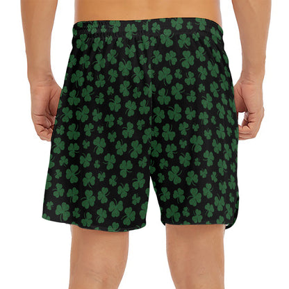 Black And Green Shamrock Pattern Print Men's Split Running Shorts