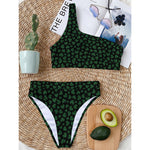 Black And Green Shamrock Pattern Print One Shoulder Bikini Top