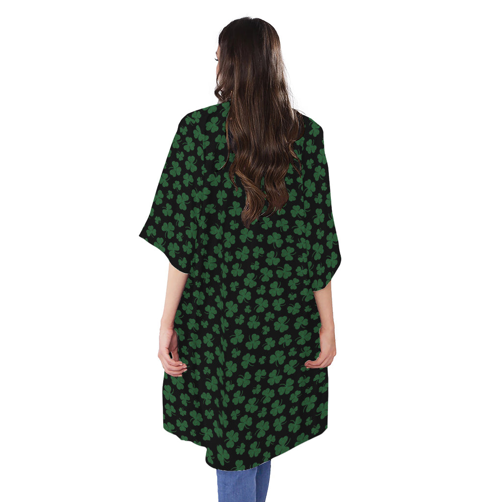 Black And Green Shamrock Pattern Print Open Front Beach Cover Up