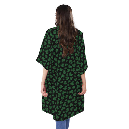 Black And Green Shamrock Pattern Print Open Front Beach Cover Up