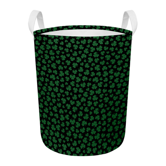 Black And Green Shamrock Pattern Print Round Laundry Basket