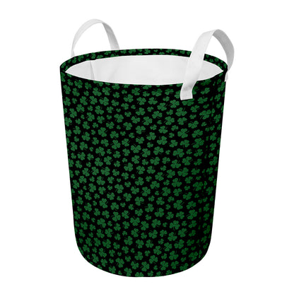 Black And Green Shamrock Pattern Print Round Laundry Basket