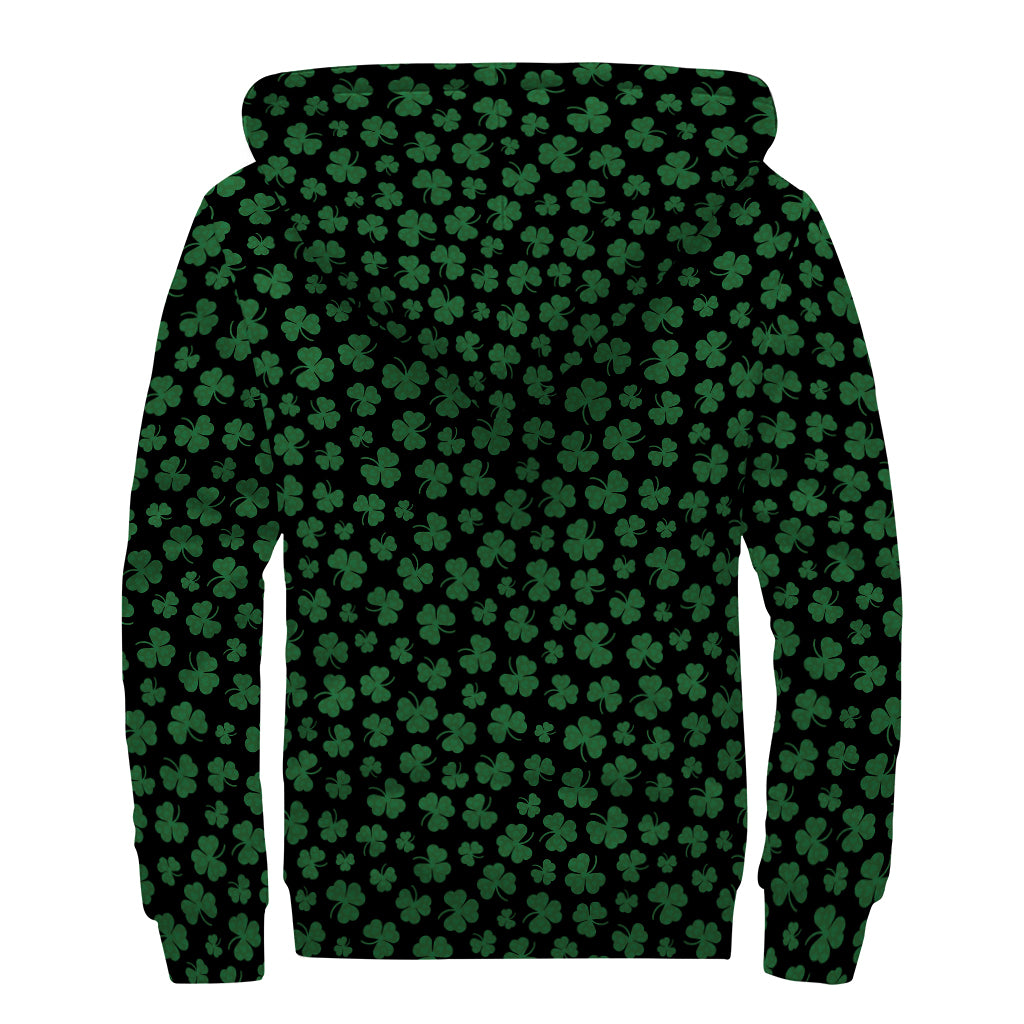 Black And Green Shamrock Pattern Print Sherpa Lined Zip Up Hoodie