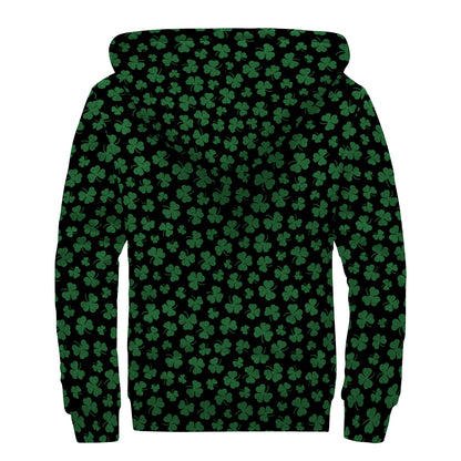 Black And Green Shamrock Pattern Print Sherpa Lined Zip Up Hoodie