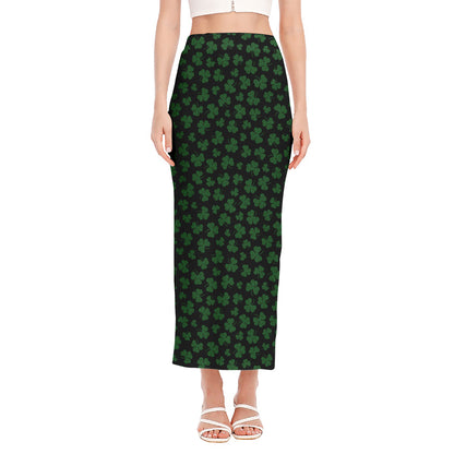 Black And Green Shamrock Pattern Print Side Slit Maxi Skirt