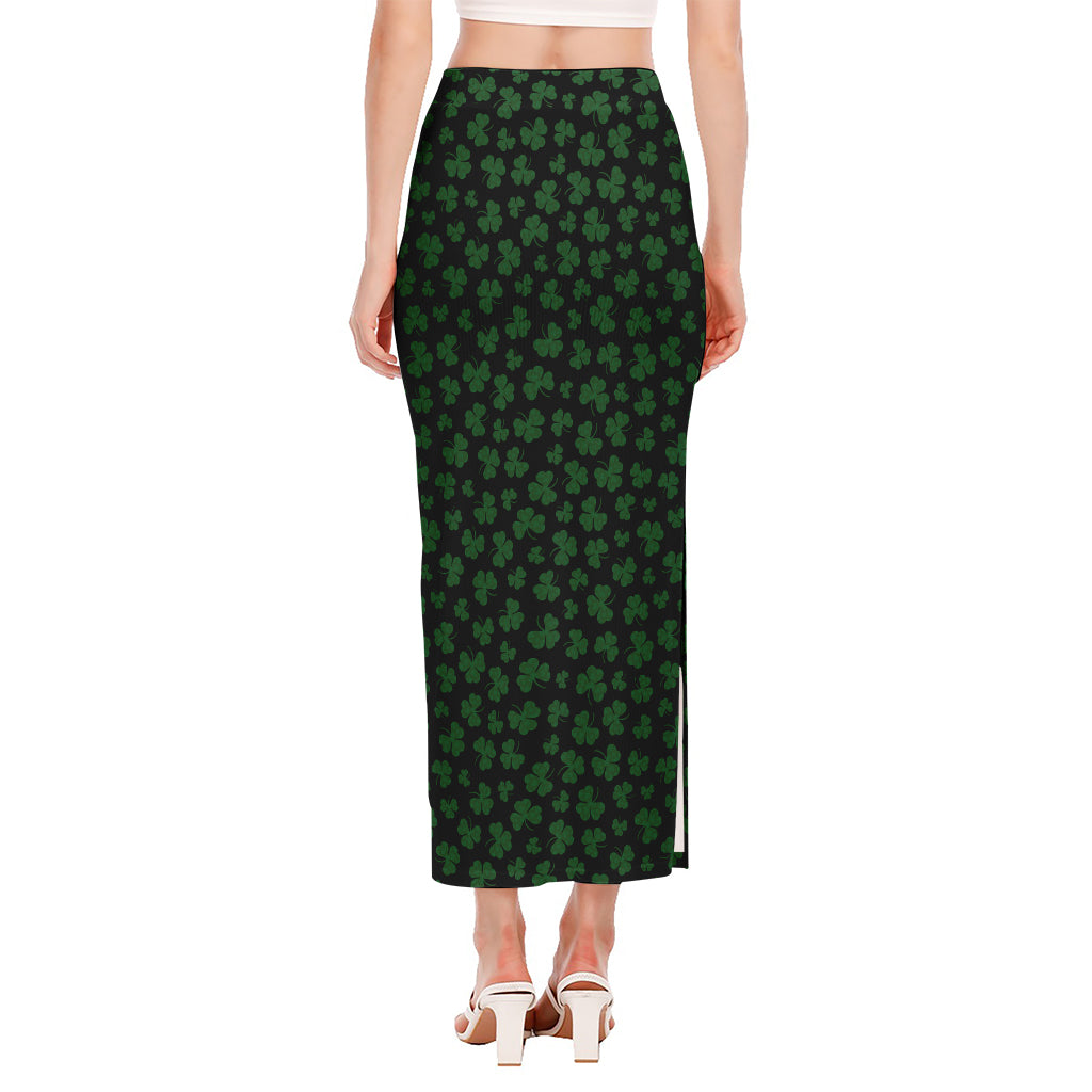 Black And Green Shamrock Pattern Print Side Slit Maxi Skirt
