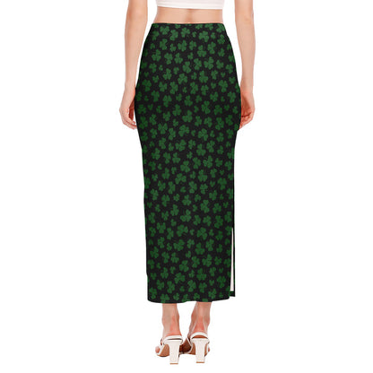 Black And Green Shamrock Pattern Print Side Slit Maxi Skirt