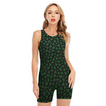 Black And Green Shamrock Pattern Print Sleeveless One Piece Swimsuit