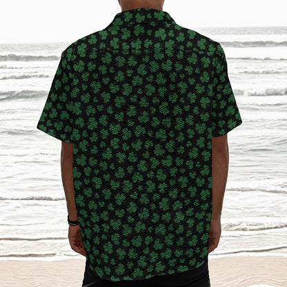Black And Green Shamrock Pattern Print Textured Short Sleeve Shirt