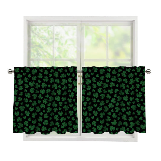 Black And Green Shamrock Pattern Print Tier Curtains