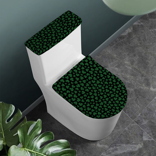 Black And Green Shamrock Pattern Print Toilet Lid And Tank Cover Set