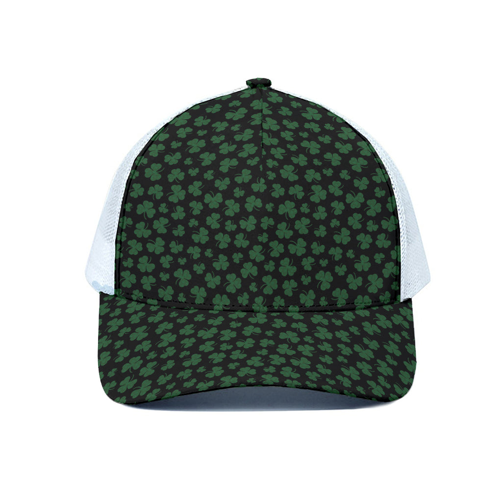 Black And Green Shamrock Pattern Print White Mesh Trucker Cap