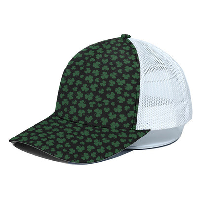 Black And Green Shamrock Pattern Print White Mesh Trucker Cap