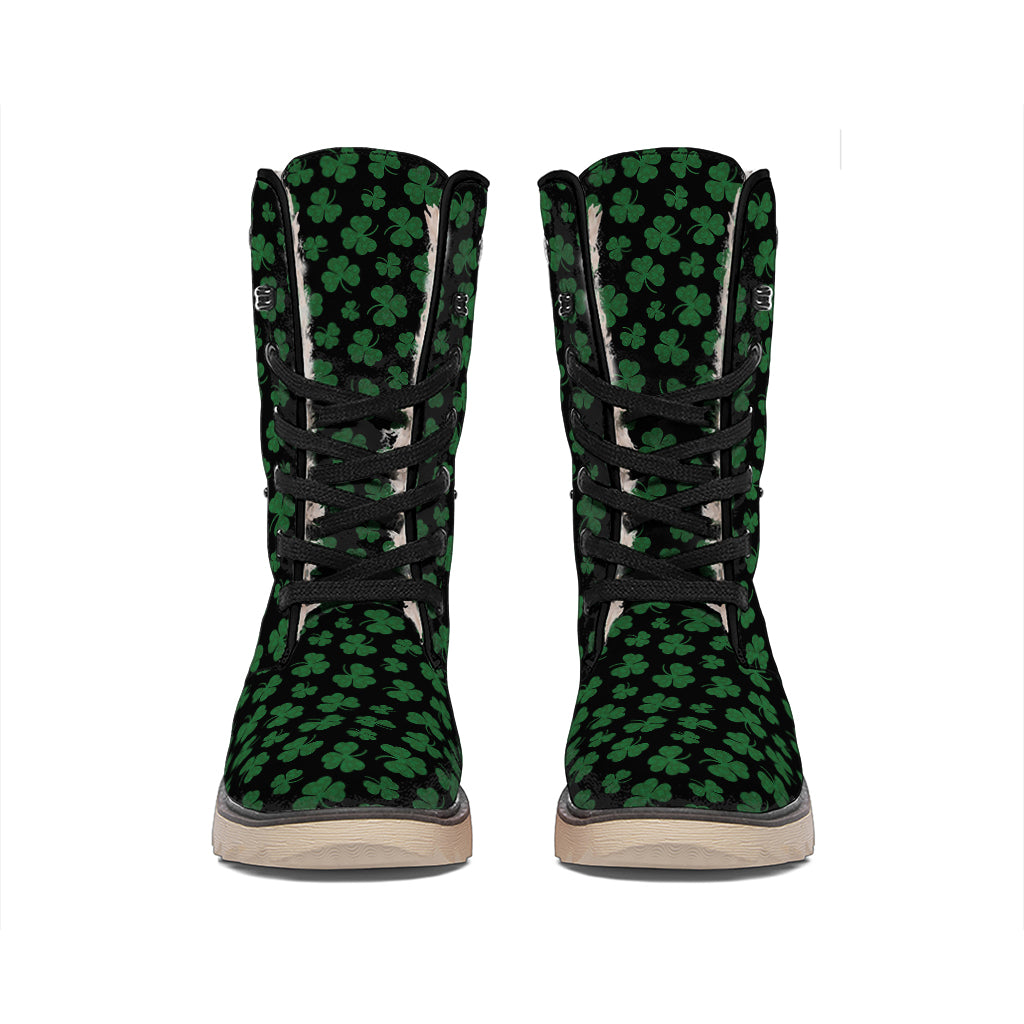 Black And Green Shamrock Pattern Print Winter Boots