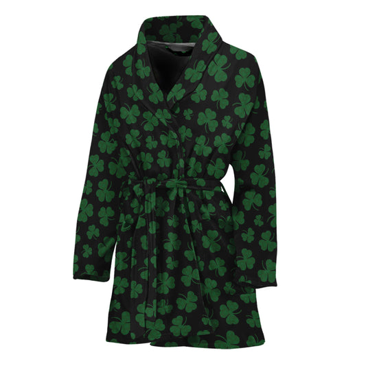 Black And Green Shamrock Pattern Print Women's Bathrobe