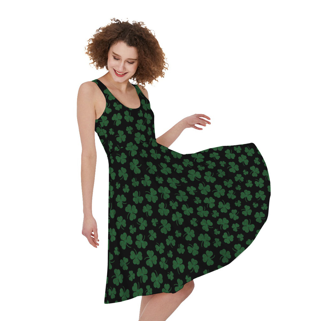 Black And Green Shamrock Pattern Print Women's Sleeveless Dress