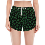 Black And Green Shamrock Pattern Print Women's Split Running Shorts
