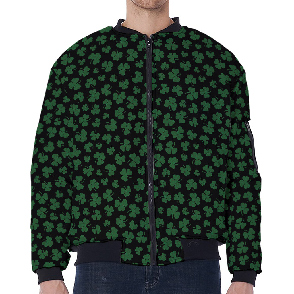 Black And Green Shamrock Pattern Print Zip Sleeve Bomber Jacket