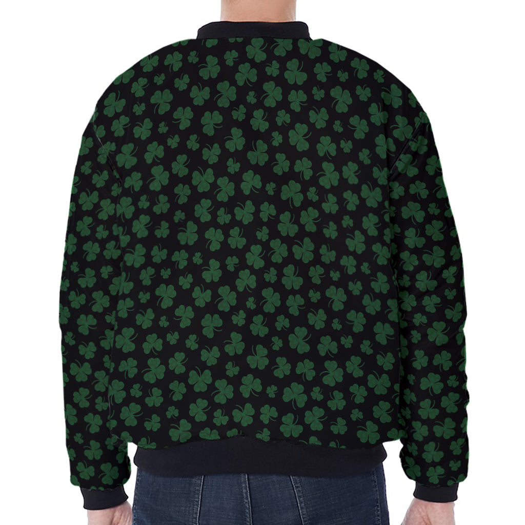 Black And Green Shamrock Pattern Print Zip Sleeve Bomber Jacket