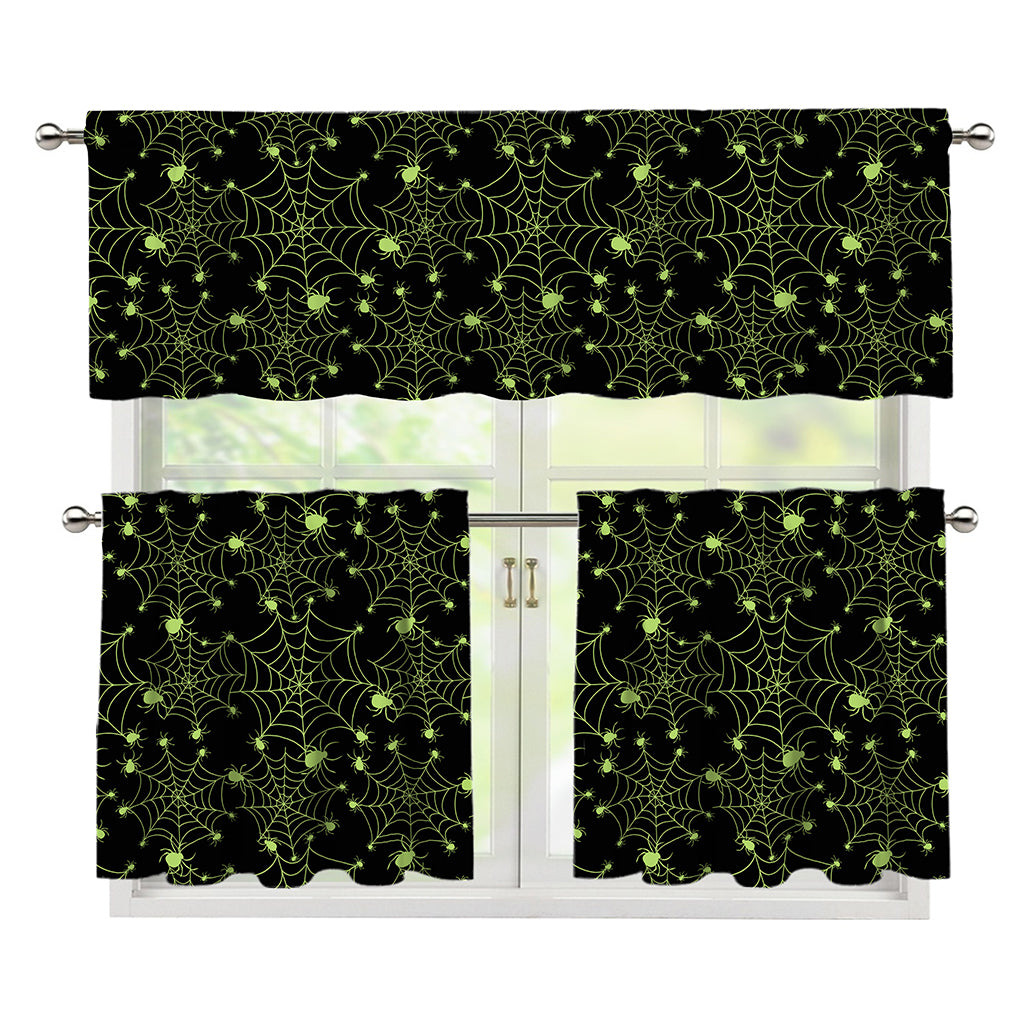 Black And Green Spider Web Pattern Print 3 Piece Kitchen Curtains