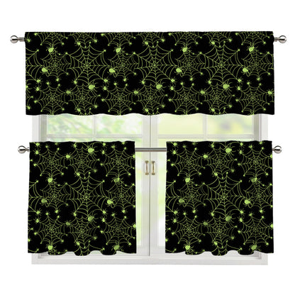 Black And Green Spider Web Pattern Print 3 Piece Kitchen Curtains