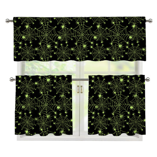 Black And Green Spider Web Pattern Print 3 Piece Kitchen Curtains