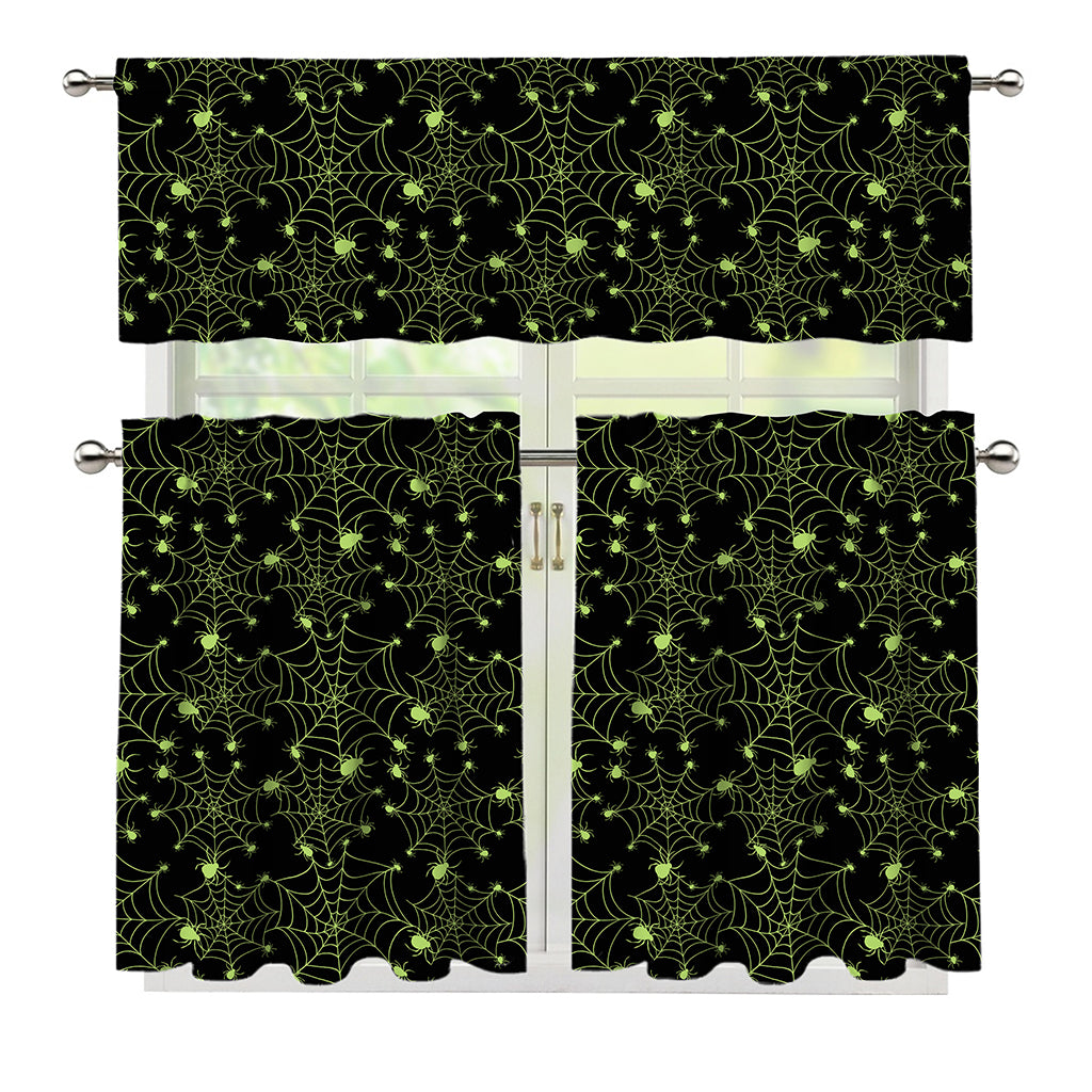 Black And Green Spider Web Pattern Print 3 Piece Kitchen Curtains