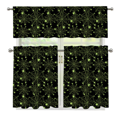 Black And Green Spider Web Pattern Print 3 Piece Kitchen Curtains