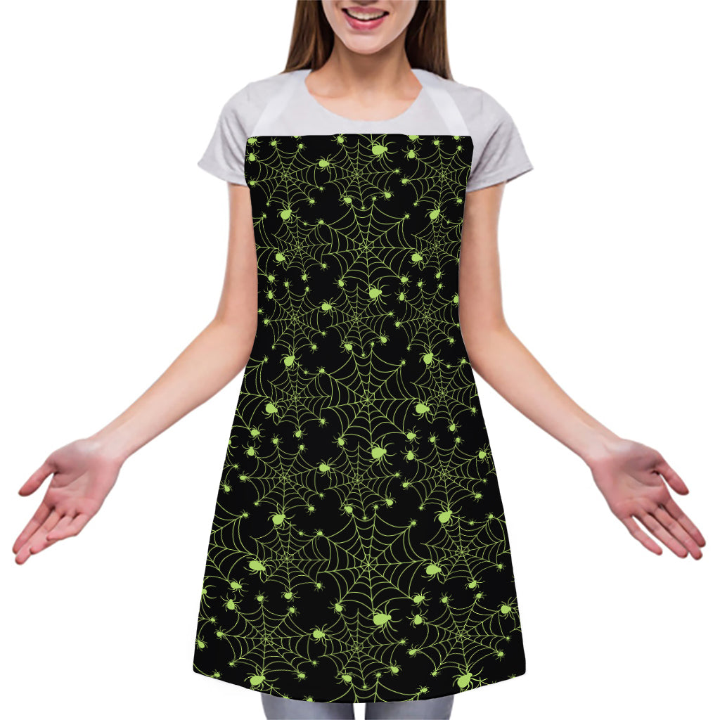 Black And Green Spider Web Pattern Print Adjustable Apron