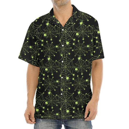 Black And Green Spider Web Pattern Print Aloha Shirt
