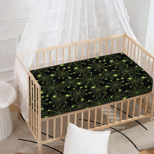 Black And Green Spider Web Pattern Print Baby Crib Sheet