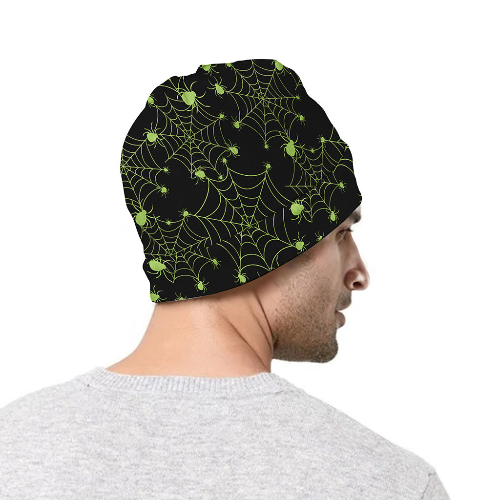 Black And Green Spider Web Pattern Print Beanie