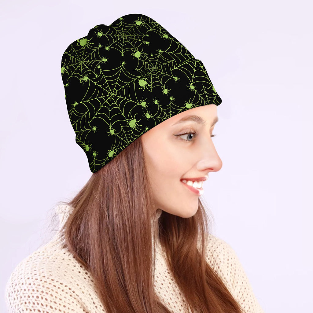 Black And Green Spider Web Pattern Print Beanie