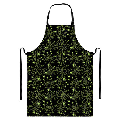 Black And Green Spider Web Pattern Print Bib Apron With Pocket