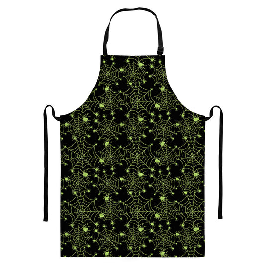 Black And Green Spider Web Pattern Print Bib Apron With Pocket
