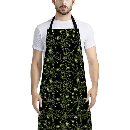 Black And Green Spider Web Pattern Print Bib Apron With Pocket