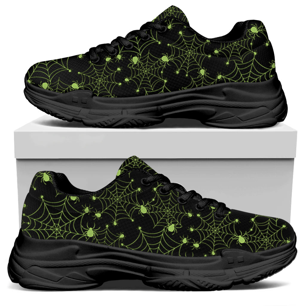 Black And Green Spider Web Pattern Print Black Chunky Shoes