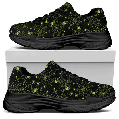 Black And Green Spider Web Pattern Print Black Chunky Shoes