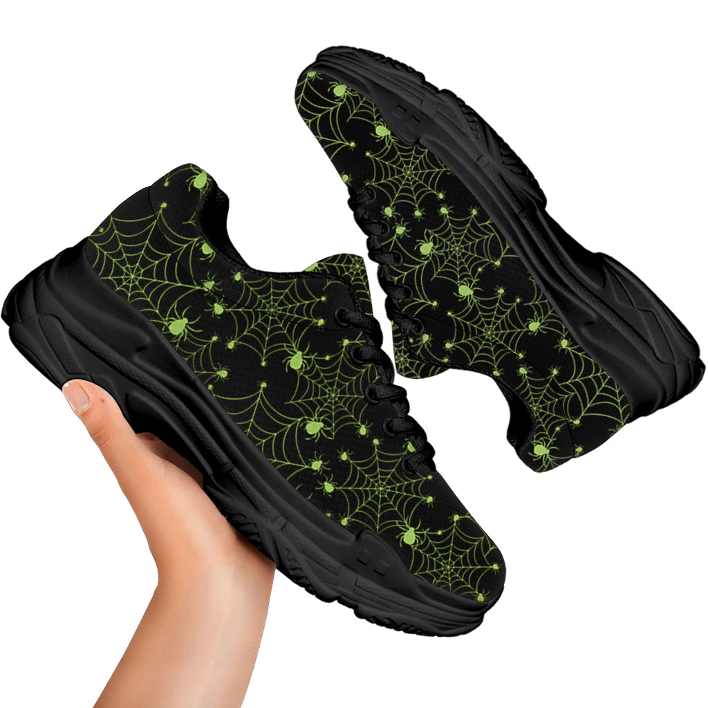Black And Green Spider Web Pattern Print Black Chunky Shoes