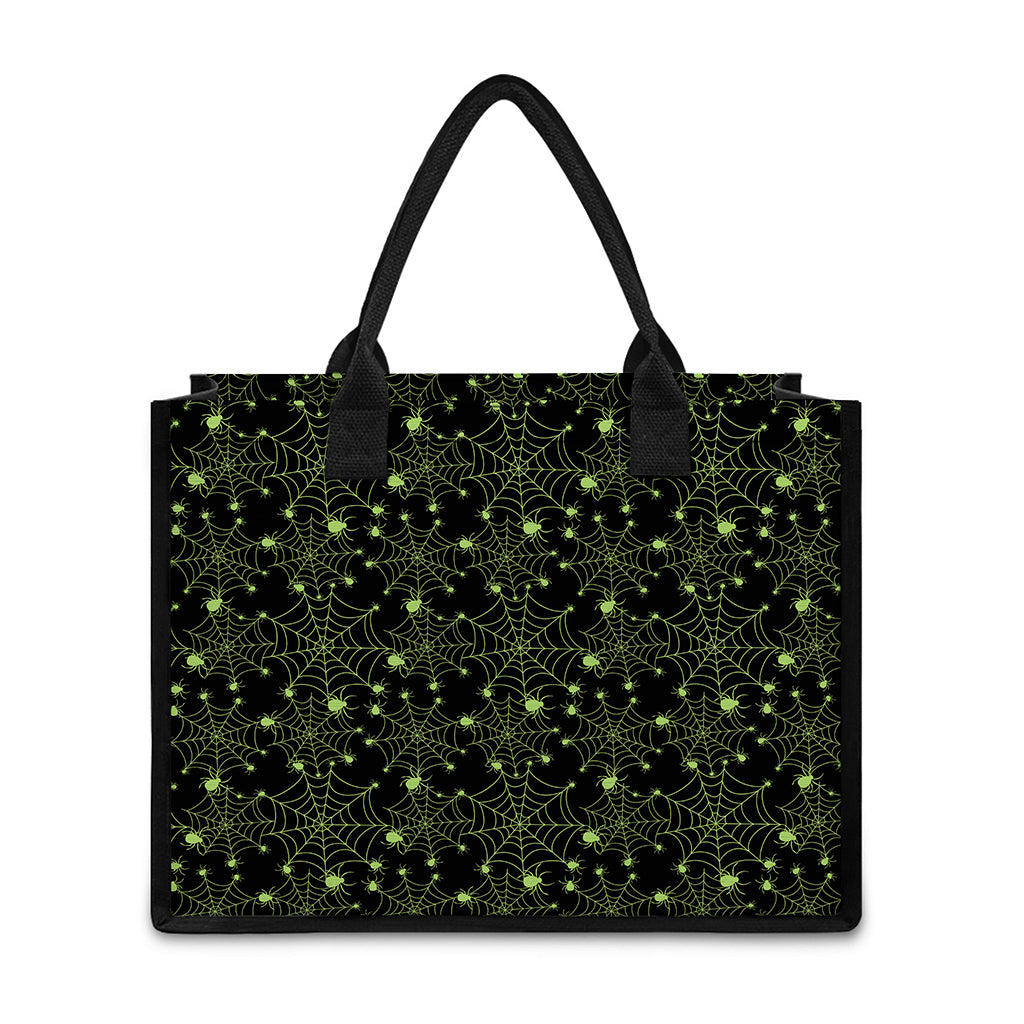 Black And Green Spider Web Pattern Print Canvas Tote Bag