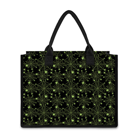 Black And Green Spider Web Pattern Print Canvas Tote Bag